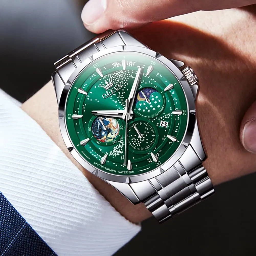 OLEVS Mens Watches Starry Sky Moon Phase Dial Luxury Business Dress Analog Quartz Classic Casual Date Wrist Watches Waterproof Luminous