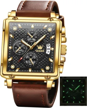 OLEVS Square Watches for Men Leather Multifunctional Chronograph Fashion Business Dress Analog Quartz Wrist Watches Luminous Waterproof