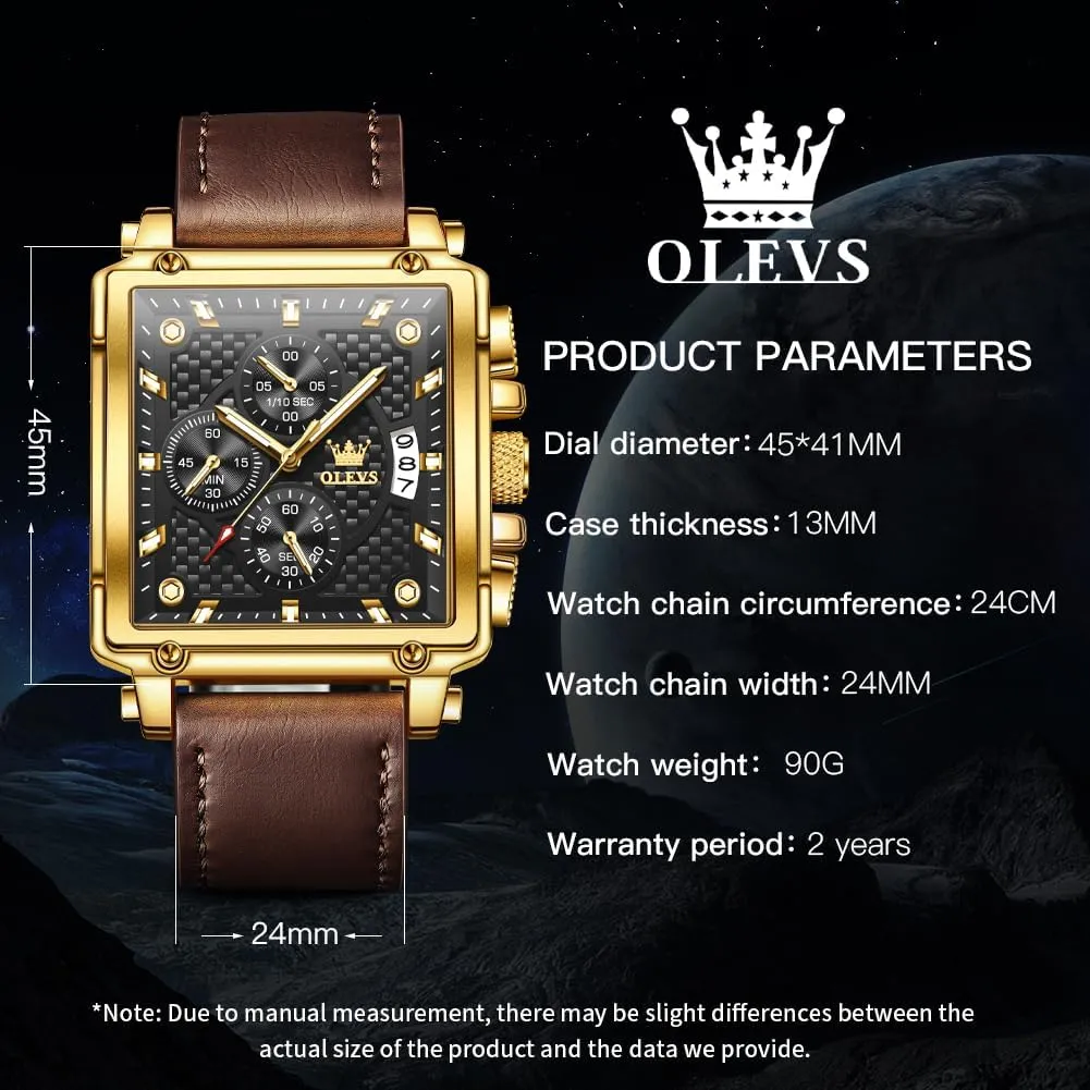 OLEVS Square Watches for Men Leather Multifunctional Chronograph Fashion Business Dress Analog Quartz Wrist Watches Luminous Waterproof