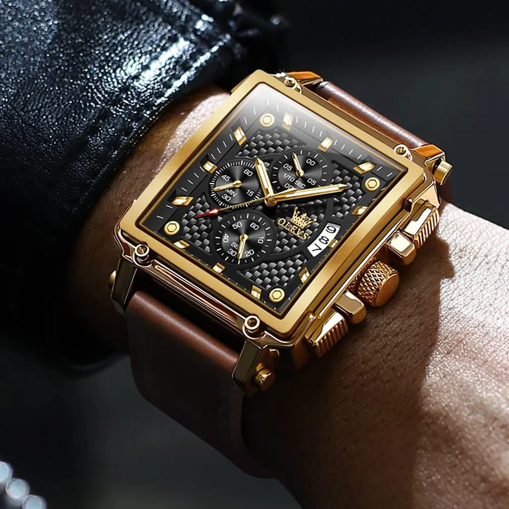 OLEVS Square Watches for Men Leather Multifunctional Chronograph Fashion Business Dress Analog Quartz Wrist Watches Luminous Waterproof