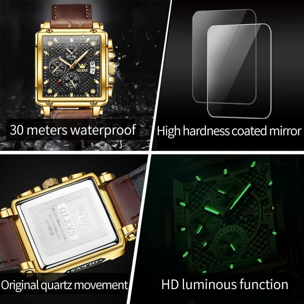 OLEVS Square Watches for Men Leather Multifunctional Chronograph Fashion Business Dress Analog Quartz Wrist Watches Luminous Waterproof