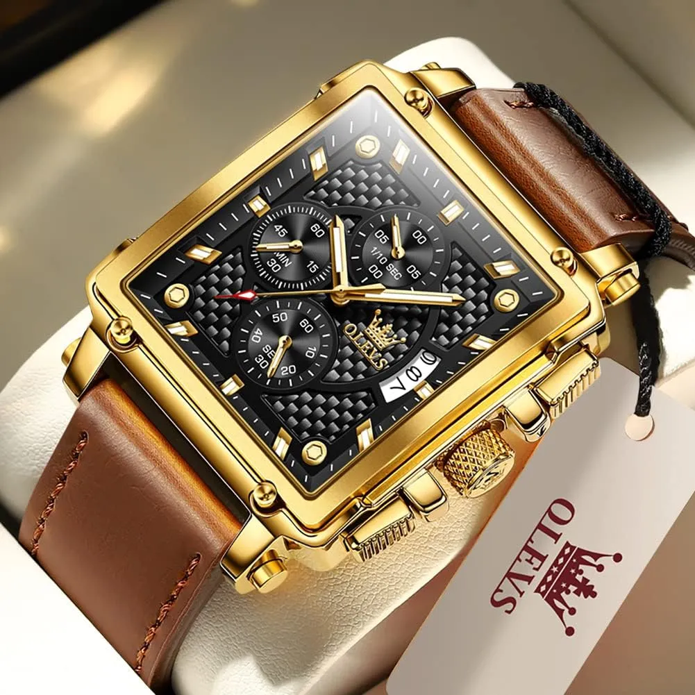 OLEVS Square Watches for Men Leather Multifunctional Chronograph Fashion Business Dress Analog Quartz Wrist Watches Luminous Waterproof