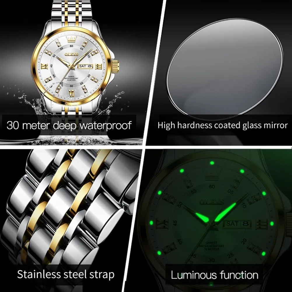 OLEVS Watch for Men Business Diamond Easy Read Men's Wrist Watches Analog Luxury Date Stainless Steel Waterproof Luminous Dress Mens Watches
