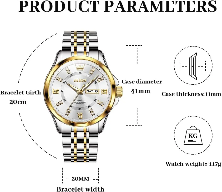 OLEVS Watch for Men Business Diamond Easy Read Men's Wrist Watches Analog Luxury Date Stainless Steel Waterproof Luminous Dress Mens Watches