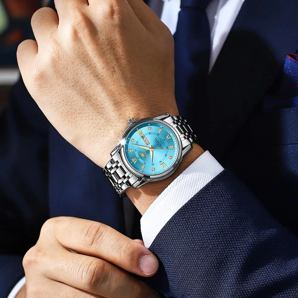 OLEVS Watches for Men Stainless Steel Analog Quartz Chronograph Moon Phase Watch Waterproof Date Luminous Wrist Male Watches,Gift for Men