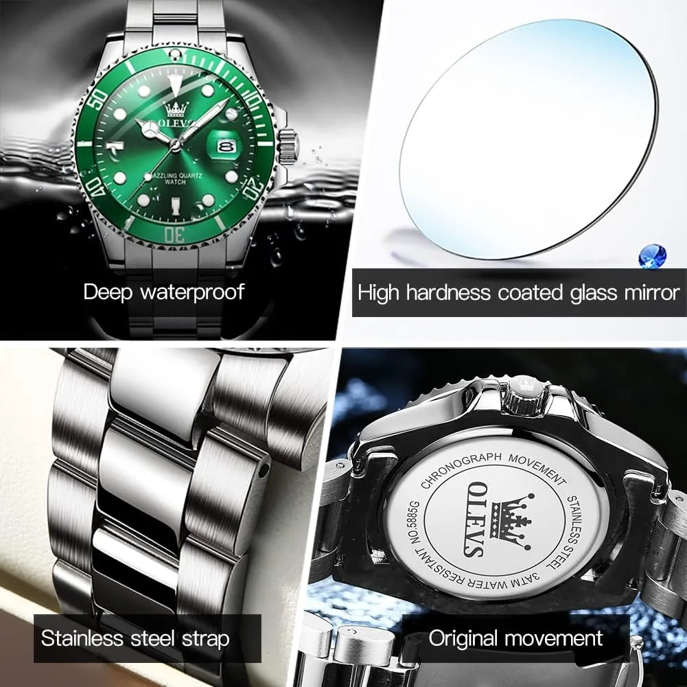 OLEVS Watches for Men Stainless Steel Analog Quartz Chronograph Moon Phase Watch Waterproof Date Luminous Wrist Male Watches,Gift for Men