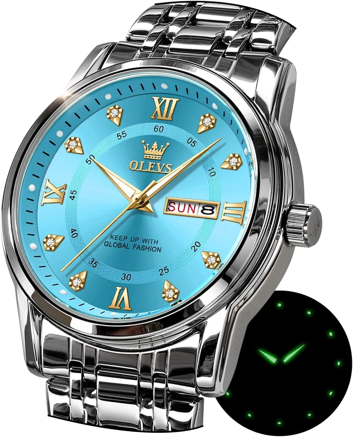 OLEVS Watches for Men Stainless Steel Analog Quartz Chronograph Moon Phase Watch Waterproof Date Luminous Wrist Male Watches,Gift for Men