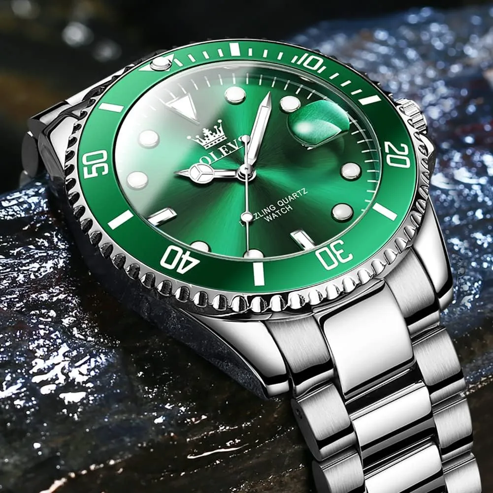 OLEVS Watches for Men Stainless Steel Analog Quartz Chronograph Moon Phase Watch Waterproof Date Luminous Wrist Male Watches,Gift for Men