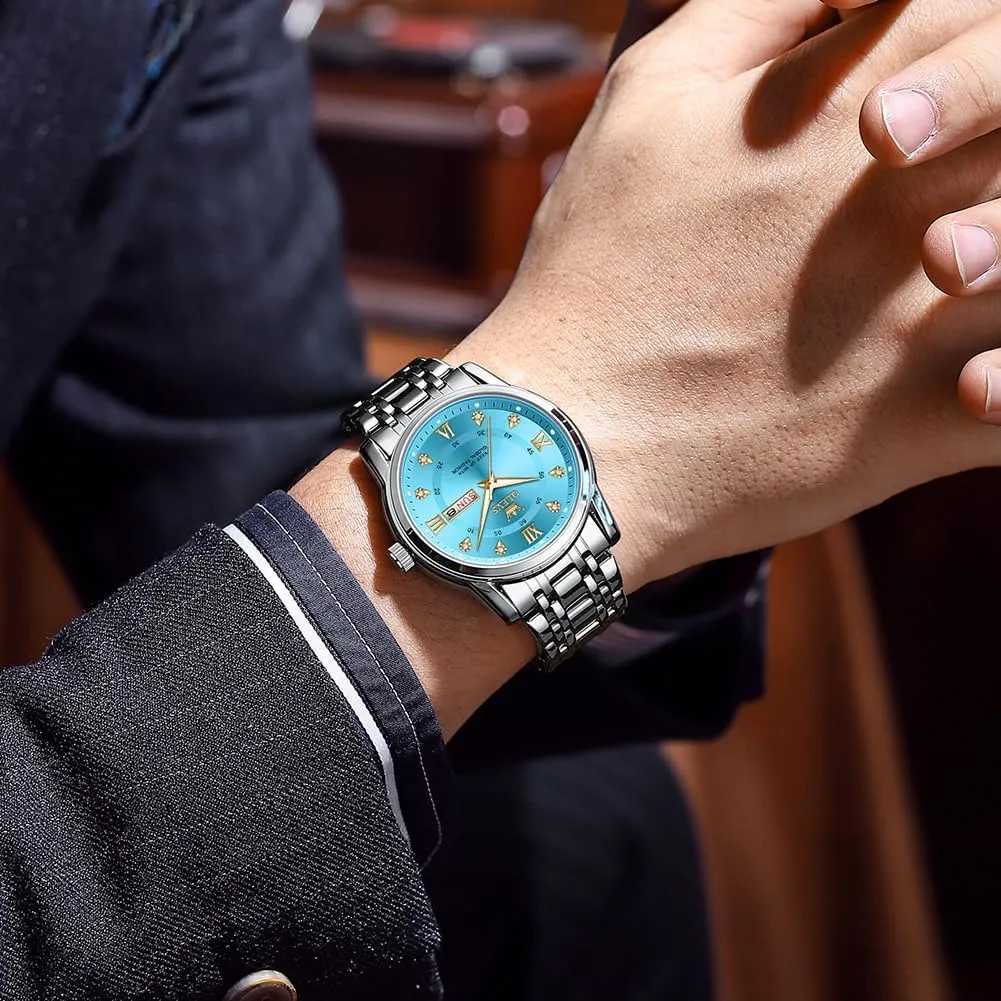 OLEVS Watches for Men Stainless Steel Analog Quartz Chronograph Moon Phase Watch Waterproof Date Luminous Wrist Male Watches,Gift for Men
