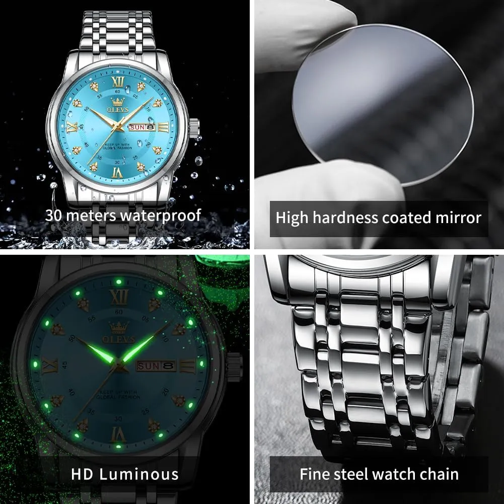 OLEVS Watches for Men Stainless Steel Analog Quartz Chronograph Moon Phase Watch Waterproof Date Luminous Wrist Male Watches,Gift for Men