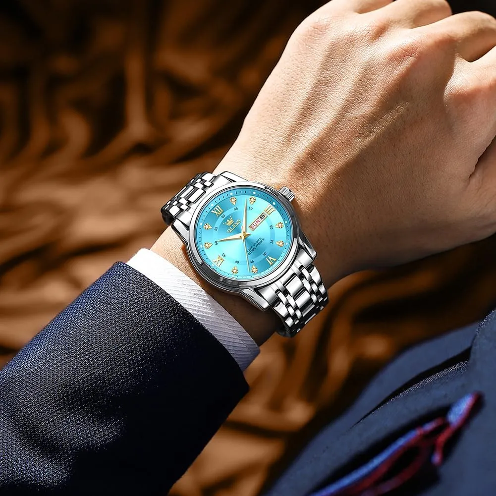 OLEVS Watches for Men Stainless Steel Analog Quartz Chronograph Moon Phase Watch Waterproof Date Luminous Wrist Male Watches,Gift for Men