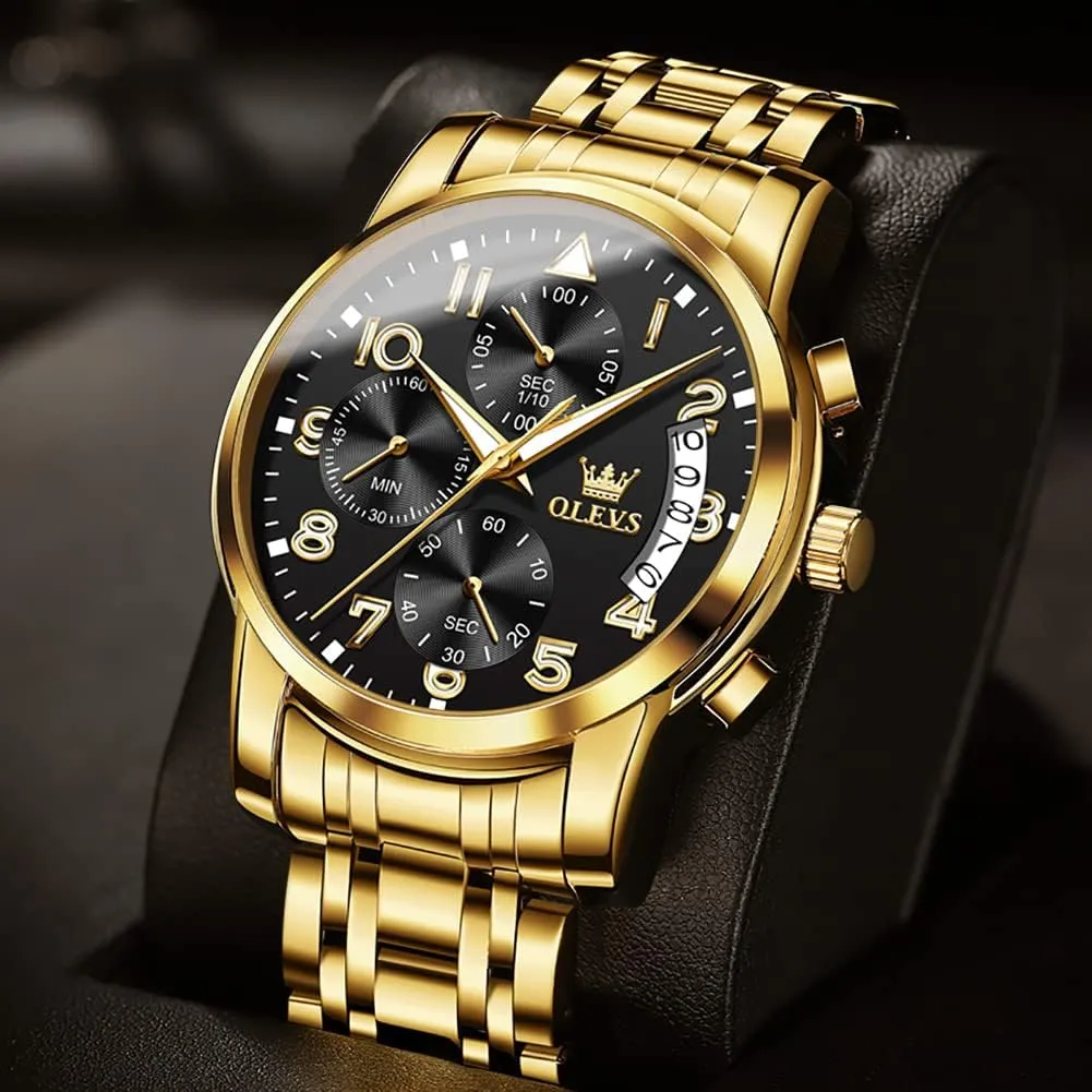 OLEVS Watches for Men with Date Luxury Big Face Waterproof Mens Wristwatch Analog Dress Two Tone Stainless Steel Man Watch Luminous Relojes De Hombre Calendar(Green/Blue/Black Dial