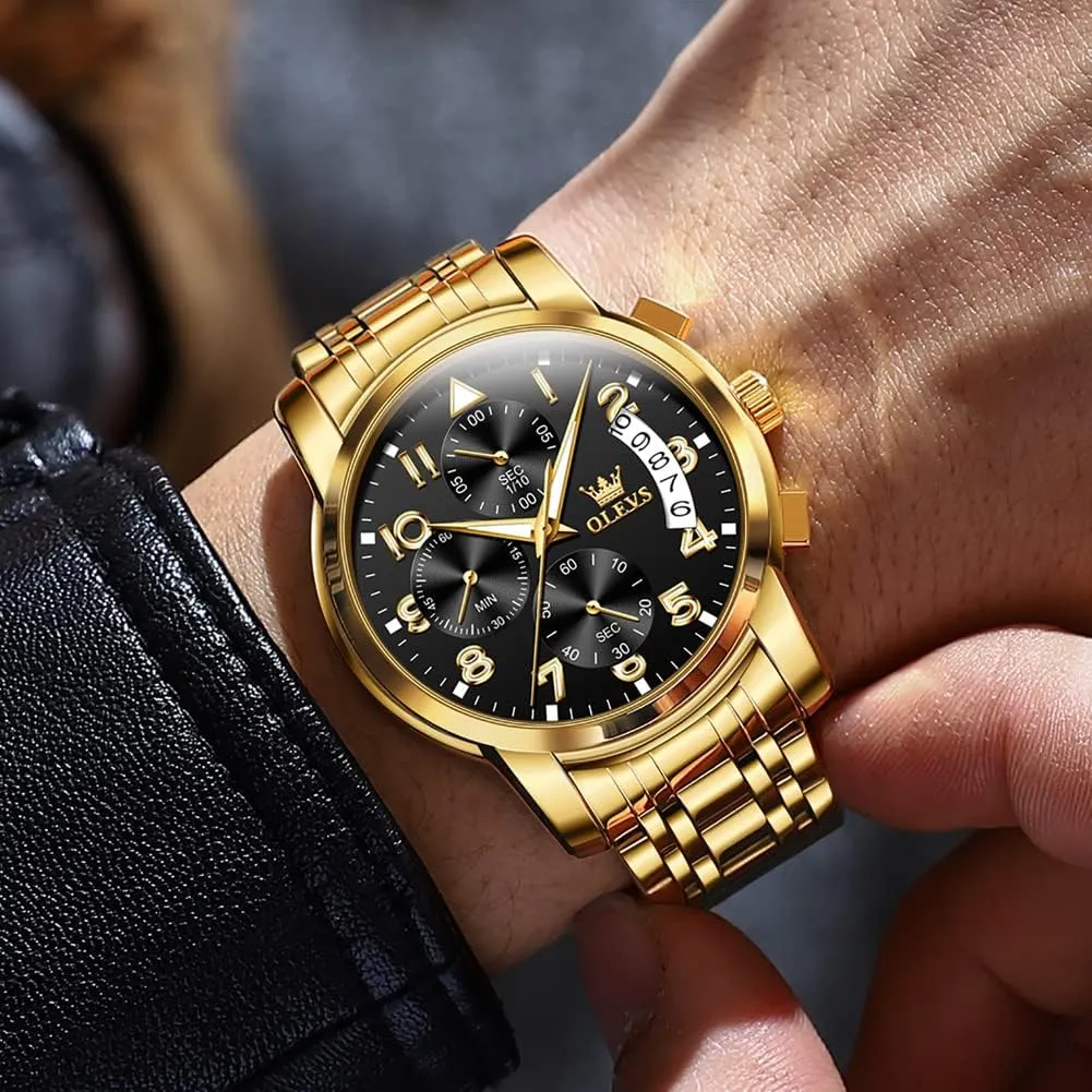 OLEVS Watches for Men with Date Luxury Big Face Waterproof Mens Wristwatch Analog Dress Two Tone Stainless Steel Man Watch Luminous Relojes De Hombre Calendar(Green/Blue/Black Dial