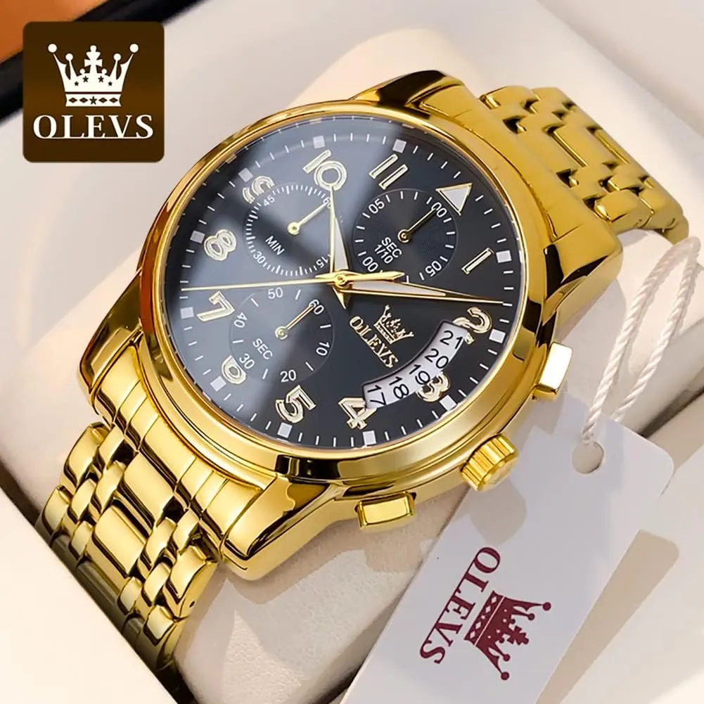 OLEVS Watches for Men with Date Luxury Big Face Waterproof Mens Wristwatch Analog Dress Two Tone Stainless Steel Man Watch Luminous Relojes De Hombre Calendar(Green/Blue/Black Dial