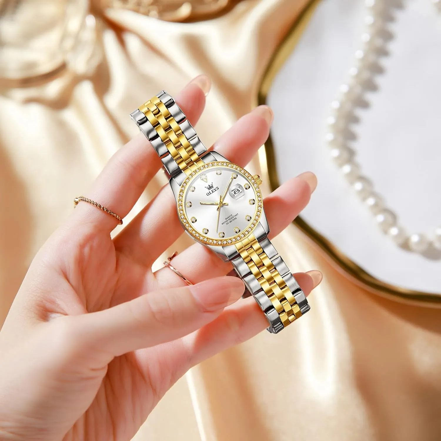 OLEVS Women's Stainless Steel Watch, Small Face Vintage Gold Silver Two Tone Analog Womens Quartz Watch, Casual Waterproof Luminous Calendar Date Ladies Watches