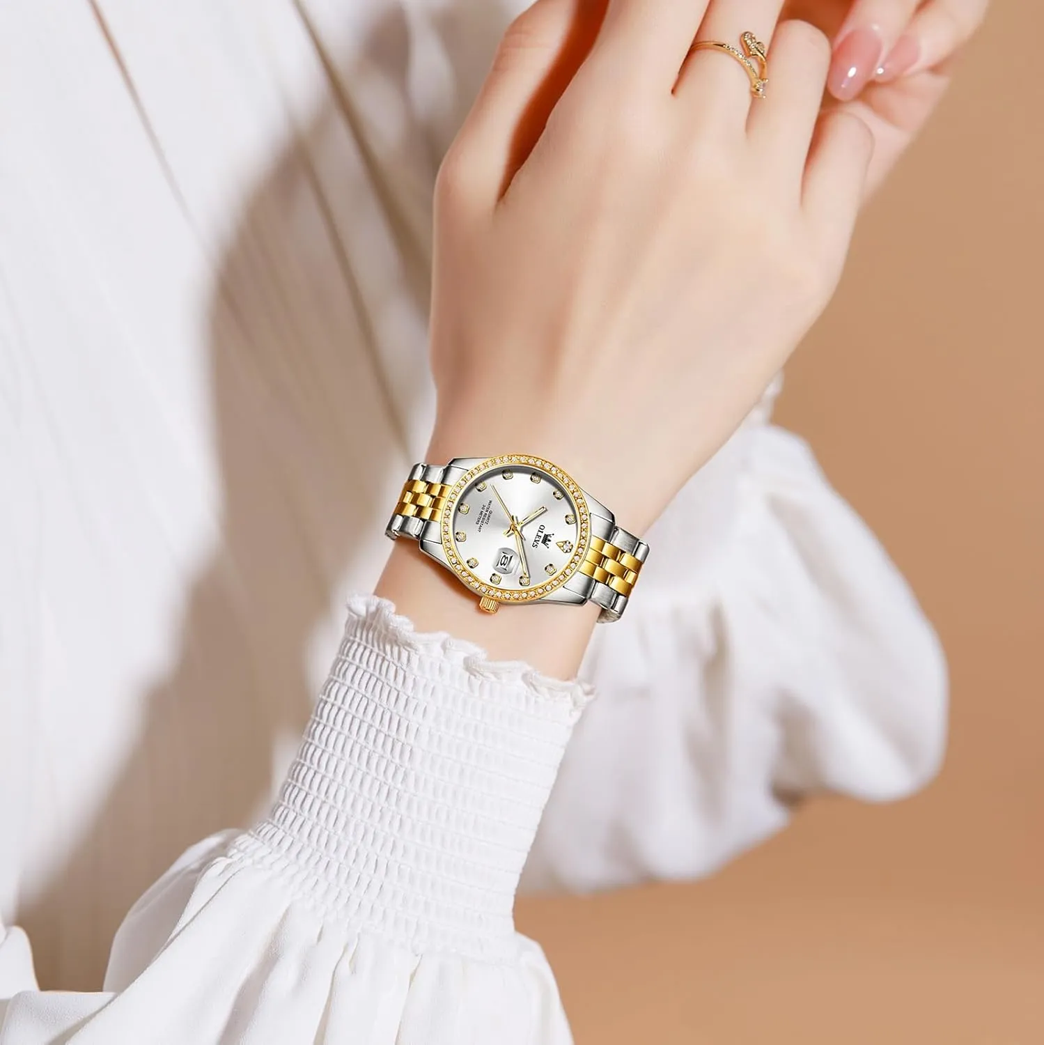 OLEVS Women's Stainless Steel Watch, Small Face Vintage Gold Silver Two Tone Analog Womens Quartz Watch, Casual Waterproof Luminous Calendar Date Ladies Watches