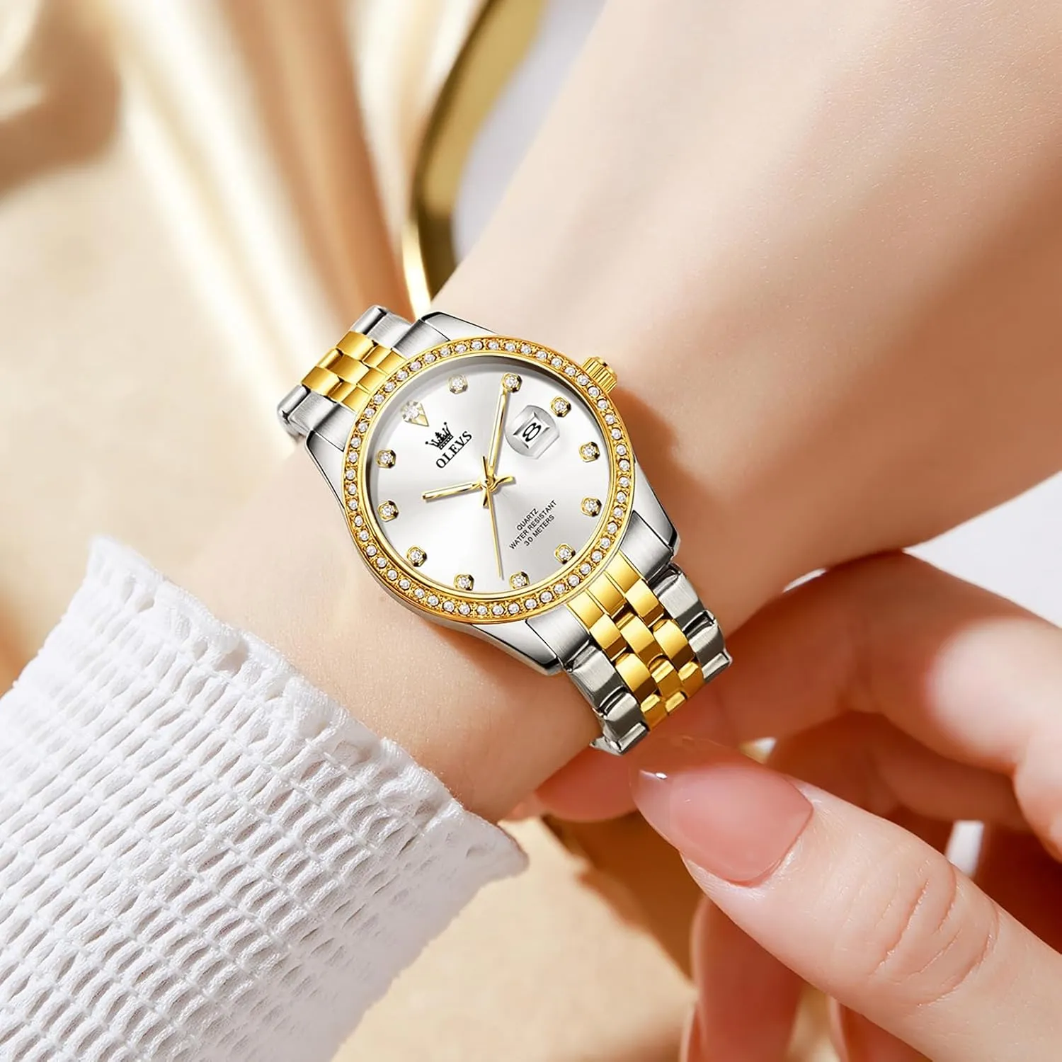 OLEVS Women's Stainless Steel Watch, Small Face Vintage Gold Silver Two Tone Analog Womens Quartz Watch, Casual Waterproof Luminous Calendar Date Ladies Watches