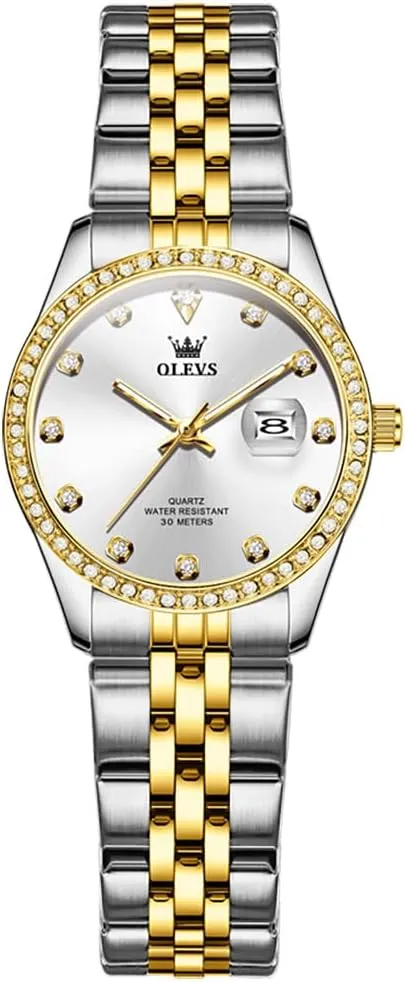 OLEVS Women's Stainless Steel Watch, Small Face Vintage Gold Silver Two Tone Analog Womens Quartz Watch, Casual Waterproof Luminous Calendar Date Ladies Watches