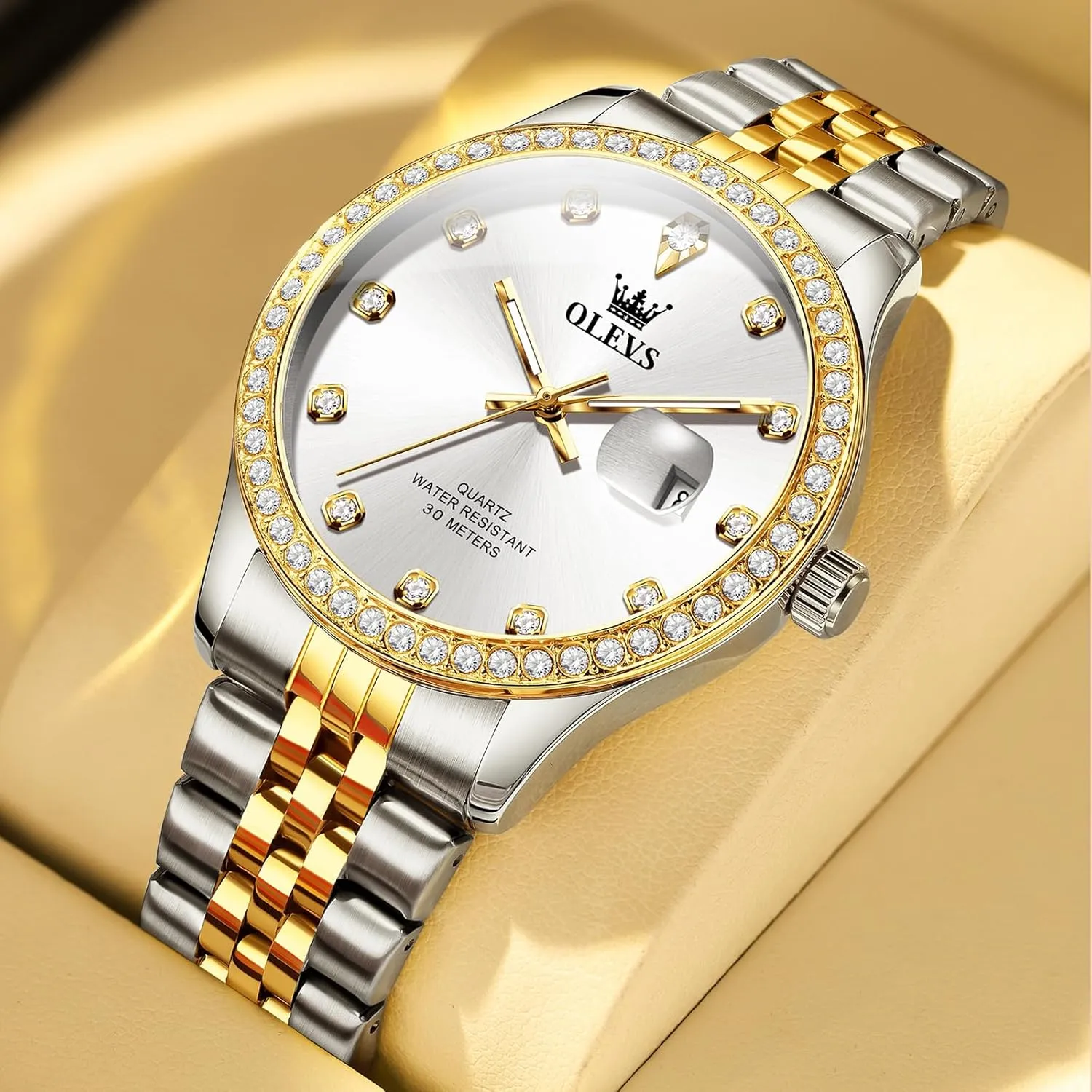 OLEVS Women's Stainless Steel Watch, Small Face Vintage Gold Silver Two Tone Analog Womens Quartz Watch, Casual Waterproof Luminous Calendar Date Ladies Watches