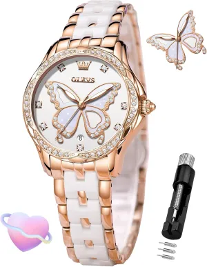 OLEVS Womens Watch Rose Gold Diamond Elegant Ladies Wrist Watch Stainless Steel Ceramic Two Tone Bracelet Waterproof Luminous