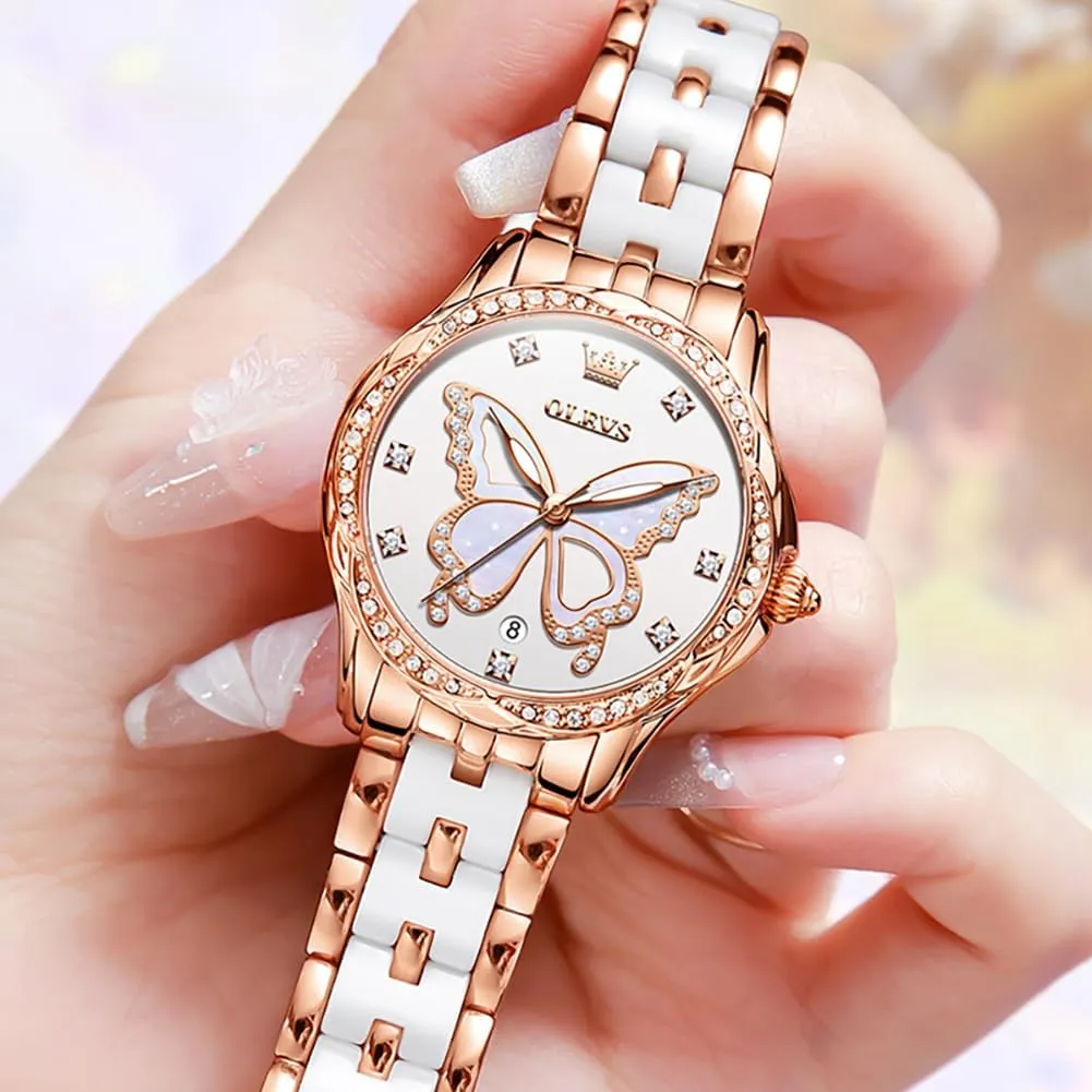 OLEVS Womens Watch Rose Gold Diamond Elegant Ladies Wrist Watch Stainless Steel Ceramic Two Tone Bracelet Waterproof Luminous