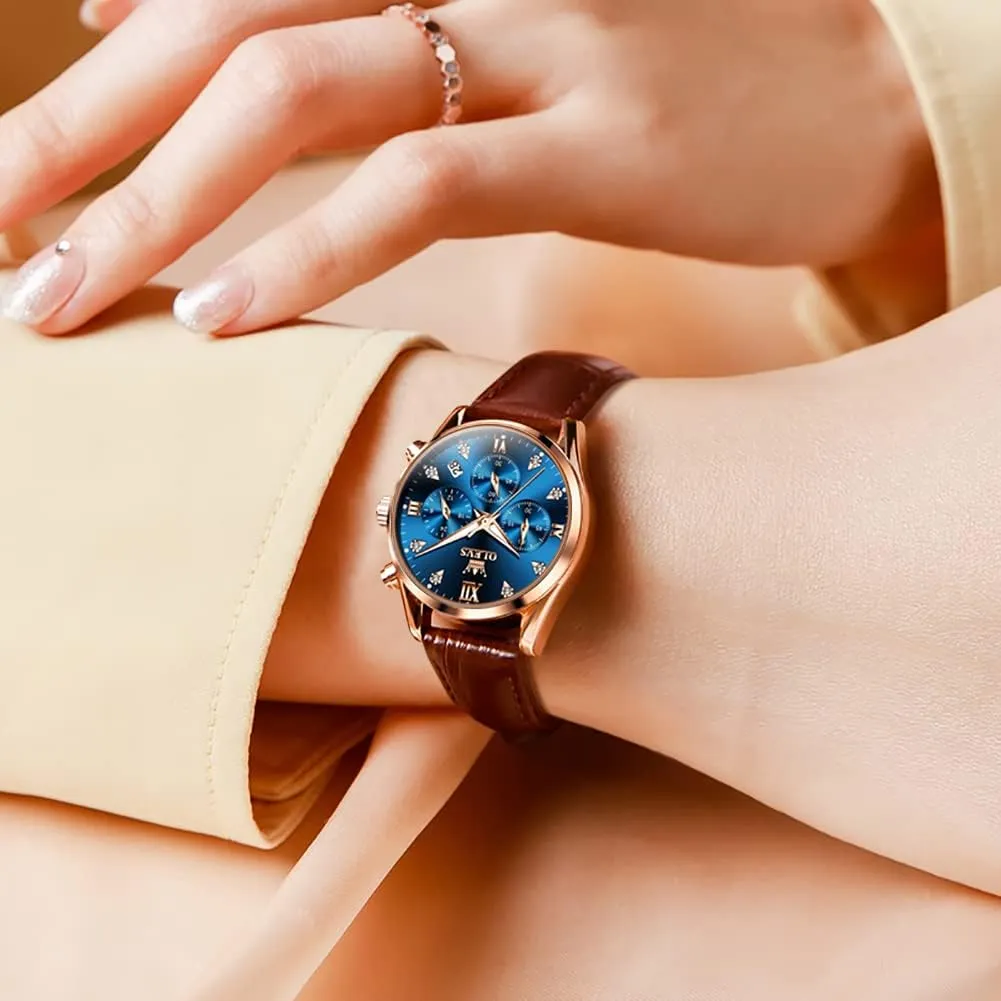 OLEVS Women's Watches Brown Leather Strap Analog Quartz Rose Gold Female Watches Multifunction Chronograph Diamond Waterproof Luminous Ladies