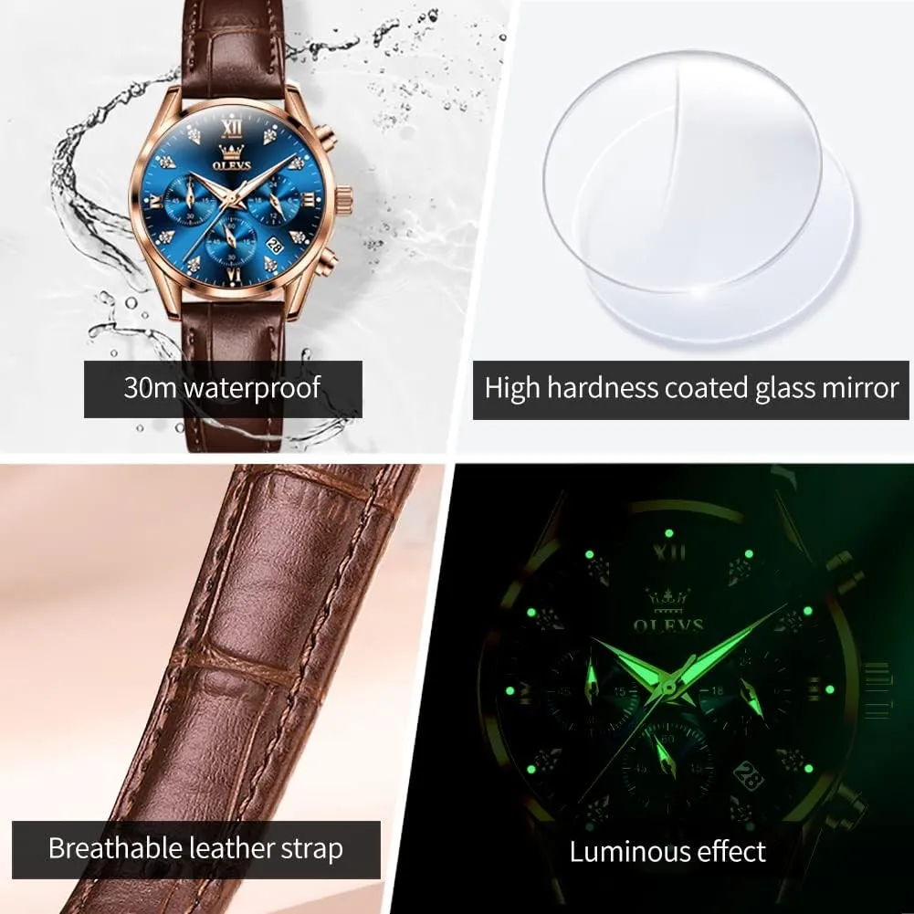 OLEVS Women's Watches Brown Leather Strap Analog Quartz Rose Gold Female Watches Multifunction Chronograph Diamond Waterproof Luminous Ladies