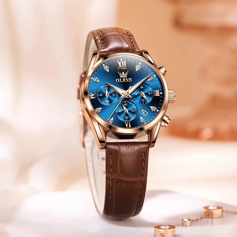 OLEVS Women's Watches Brown Leather Strap Analog Quartz Rose Gold Female Watches Multifunction Chronograph Diamond Waterproof Luminous Ladies