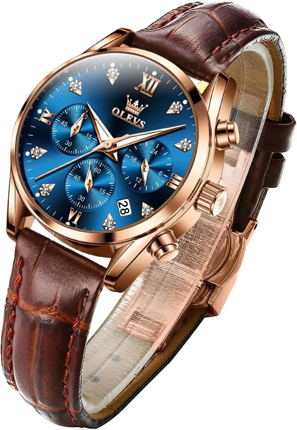 OLEVS Women's Watches Brown Leather Strap Analog Quartz Rose Gold Female Watches Multifunction Chronograph Diamond Waterproof Luminous Ladies