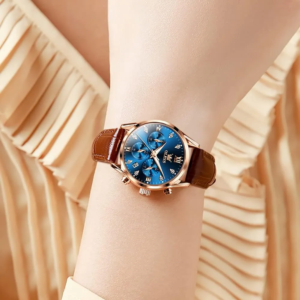 OLEVS Women's Watches Brown Leather Strap Analog Quartz Rose Gold Female Watches Multifunction Chronograph Diamond Waterproof Luminous Ladies