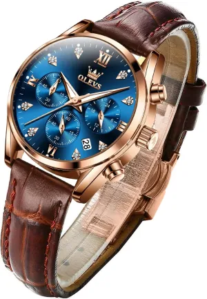 OLEVS Women's Watches Brown Leather Strap Analog Quartz Rose Gold Female Watches Multifunction Chronograph Diamond Waterproof Luminous Ladies