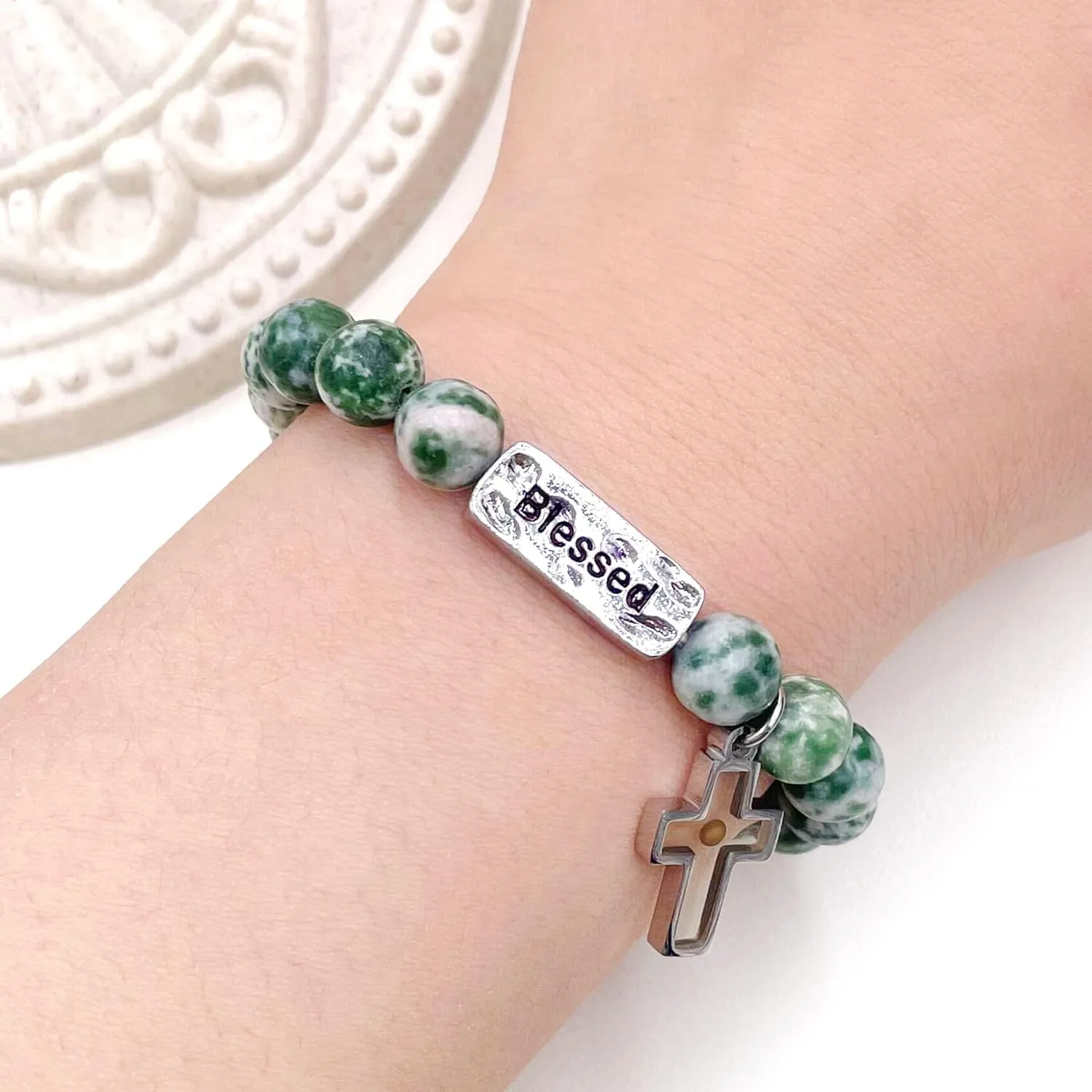 Onress Real Mustard Seed Faith Bracelet 8mm Beads with Cross Blessed Bracelets Natural Stone Elastic Prayer Handmade Jewelry Gifts for Women