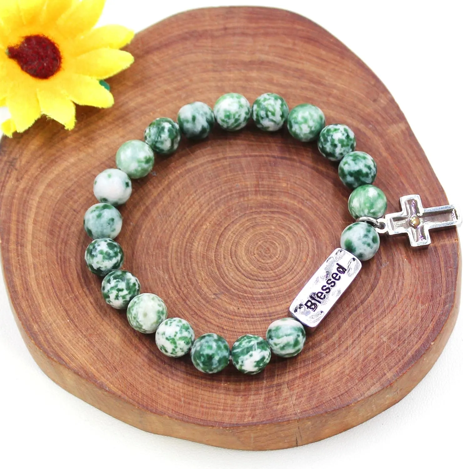 Onress Real Mustard Seed Faith Bracelet 8mm Beads with Cross Blessed Bracelets Natural Stone Elastic Prayer Handmade Jewelry Gifts for Women