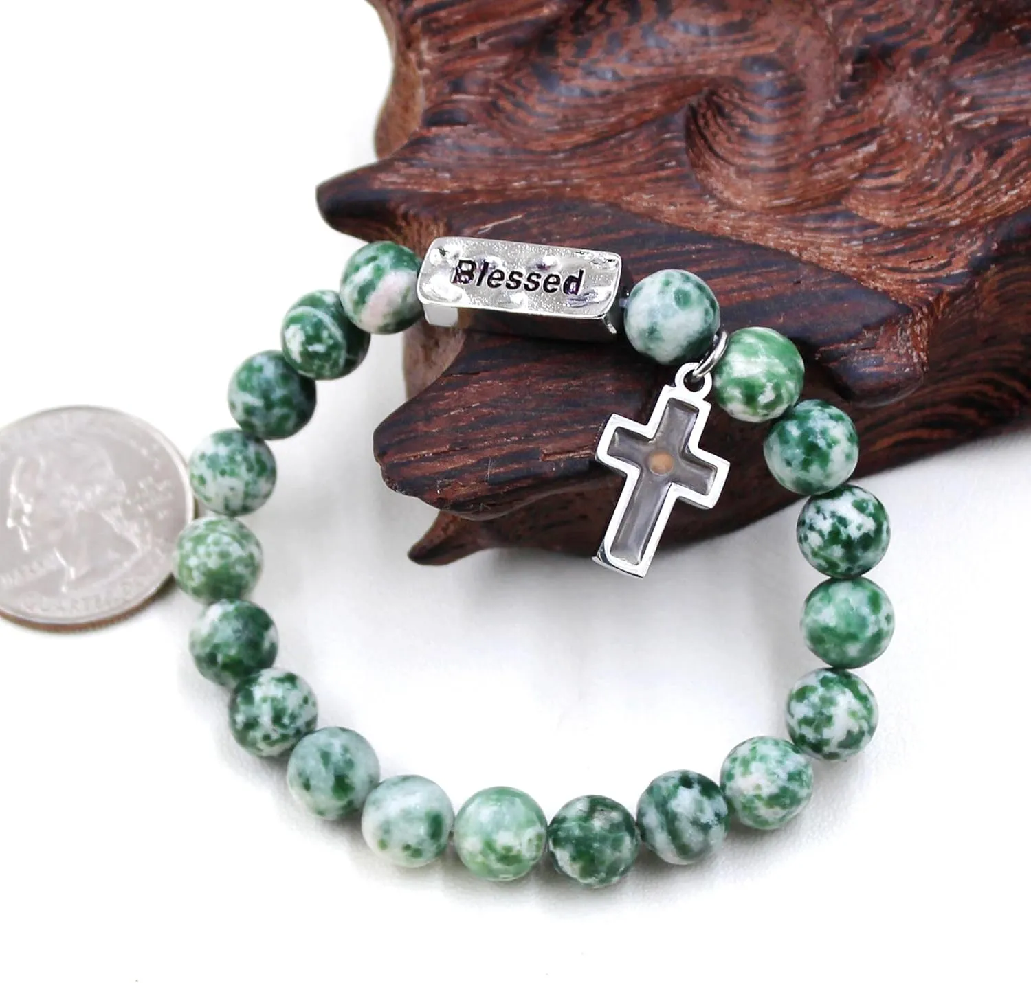 Onress Real Mustard Seed Faith Bracelet 8mm Beads with Cross Blessed Bracelets Natural Stone Elastic Prayer Handmade Jewelry Gifts for Women