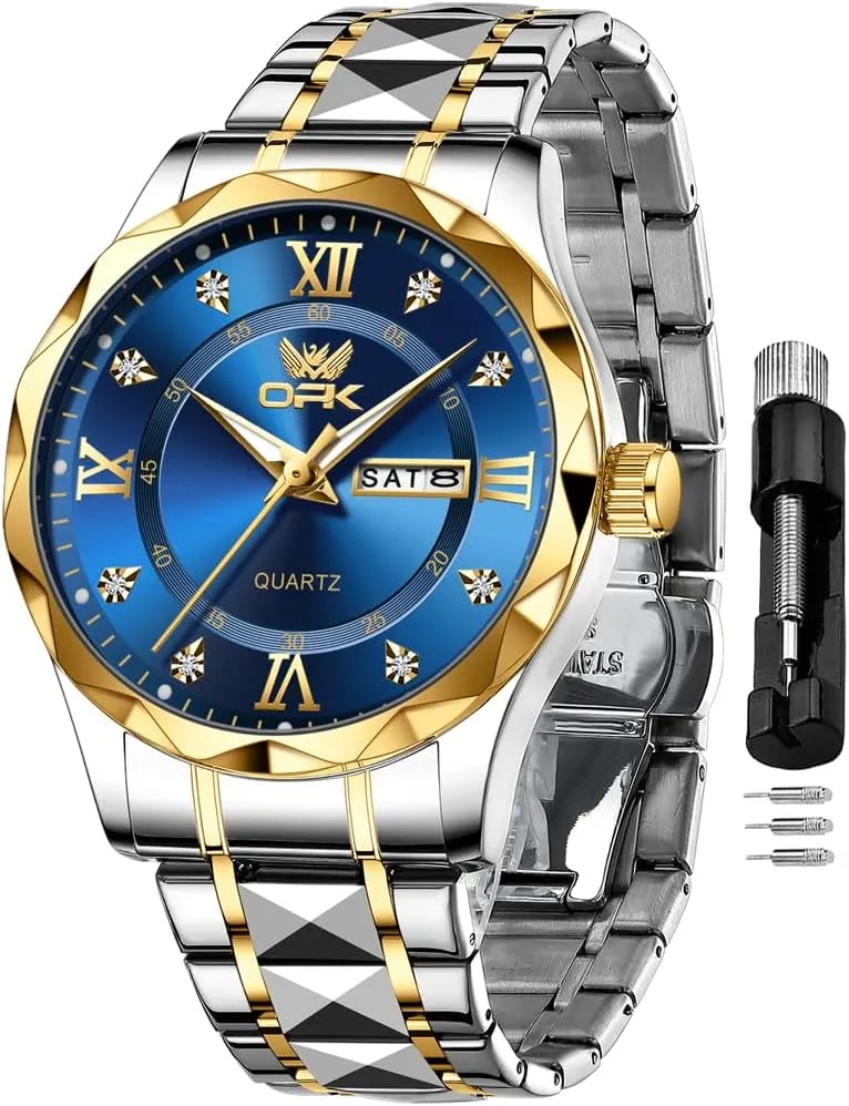 OPK Watches for Men Diamond Roman Analog Mens Watches Waterproof Large Stainless Steel Men Wrist Watch Business Father Gift Watch Blue