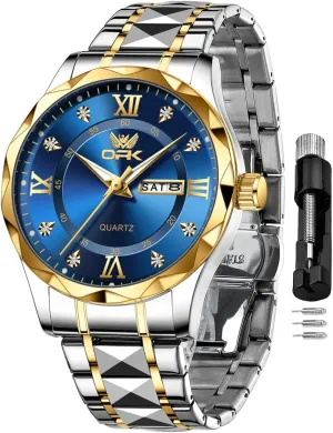 OPK Watches for Men Diamond Roman Analog Mens Watches Waterproof Large Stainless Steel Men Wrist Watch Business Father Gift Watch Blue