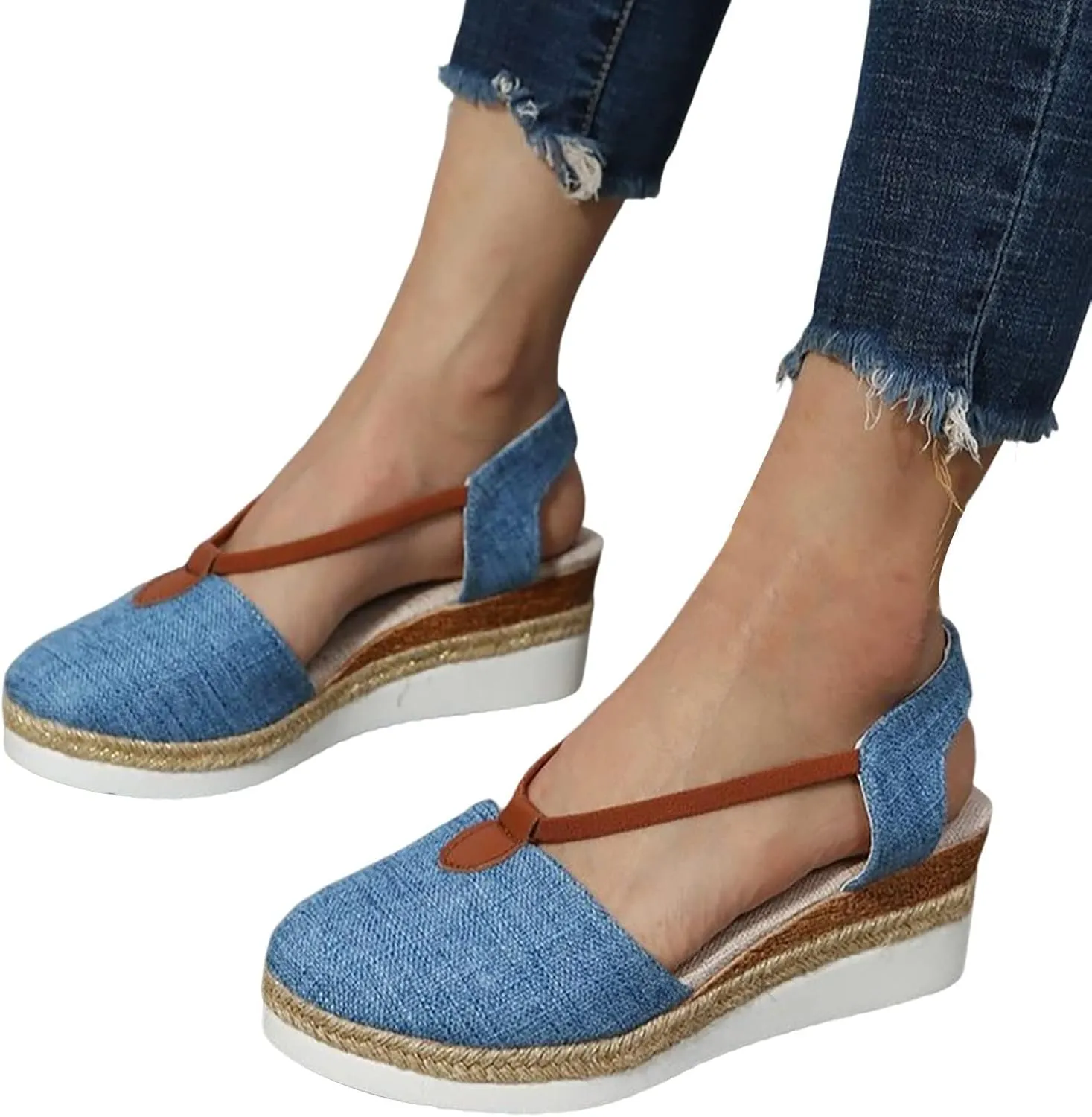 Orthopedic Platform Wedge Sandals for Women Summer Dressy Close Toe Espadrilles Ankle Strap Comfortable Non-Slip Low Heel Sandal Casual Beach Boho Flat Sandal Cross-Border Outdoor Orthopedic Shoes