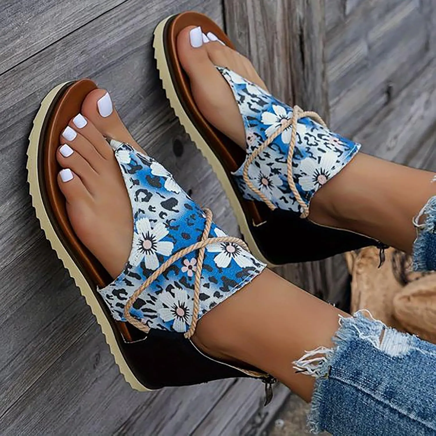 Orthopedic Wedge Sandals For Women Sandals For Women Summer Fashion Print Flat Shoes Retro Flip Gold Sandals For Women
