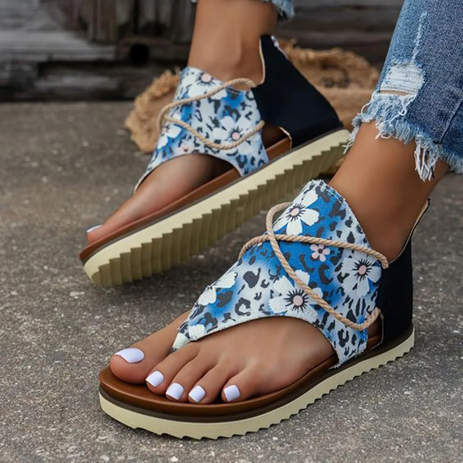 Orthopedic Wedge Sandals For Women Sandals For Women Summer Fashion Print Flat Shoes Retro Flip Gold Sandals For Women