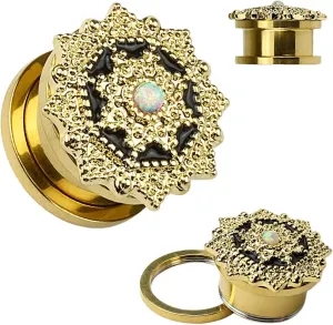 Pair 14Kt Gold Plated Opal Tribal Shield Top Screw Fit Flesh Tunnels Ear Plugs 9/16" (14 mm) Body Unique Jewelry Delicate Design Piercing Steel Surgical For Women