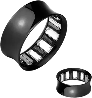 Pair Black IP Surgical Steel Double Flare Tunnels Ear Plugs with Inner Square CZ 9/16" (14 mm) Body Unique Jewelry Delicate Design Piercing Steel Surgical For Women