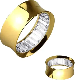 Pair Gold Surgical Steel Double Flare Tunnels Ear Plugs with Inner Square CZ 3/4" (19 mm) Body Unique Jewelry Delicate Design Piercing Steel Surgical For Women