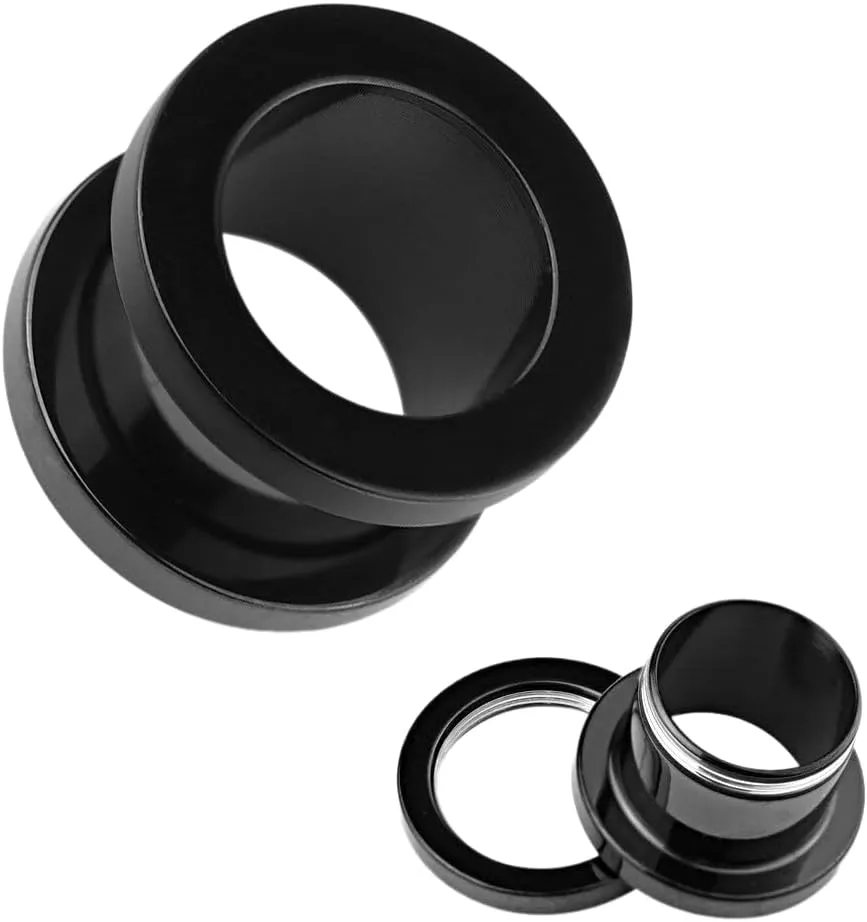 Pair of Black Titanium IP Surgical Steel Screw Fit Flesh Tunnel Ear Plugs 2g (6 mm) Body Unique Jewelry Delicate Design Piercing Steel Surgical For Women