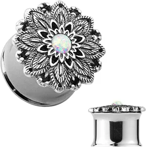 Pair of Double Flared Tunnels Ear Plugs with Opal Centered Silver Plated Lotus 9/16" (14 mm) Body Unique Jewelry Delicate Design Piercing Steel Surgical For Women