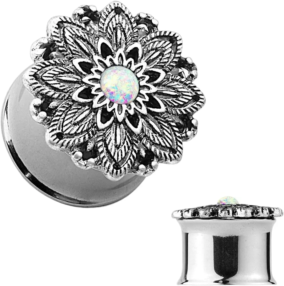 Pair of Double Flared Tunnels Ear Plugs with Opal Centered Silver Plated Lotus 9/16" (14 mm) Body Unique Jewelry Delicate Design Piercing Steel Surgical For Women