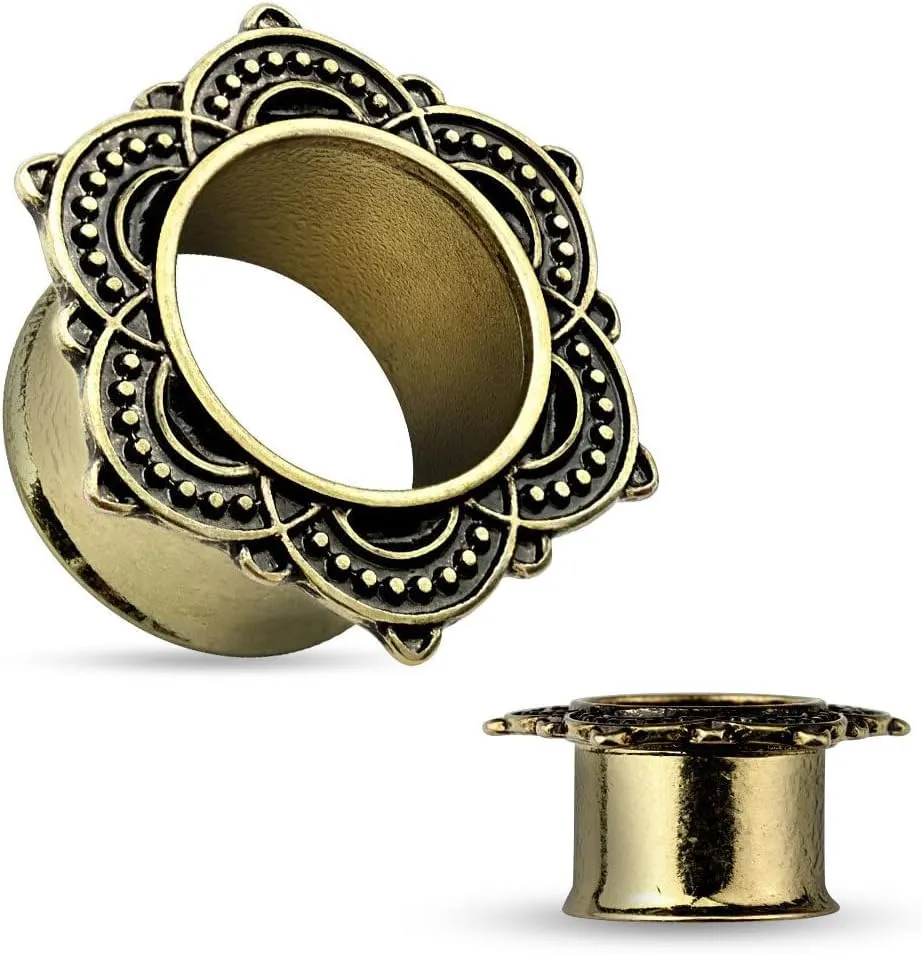 Pair Of Large Antique Gold Ip Rose Of Sharon Design Flared Tunnels Ear Plugs 2G 6 Mm Body Piercing Unique Jewelry For Women Delicate Design
