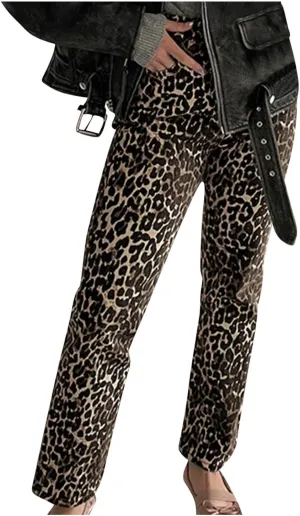 Pants for Women Fashion Leopard Print High Waist Slim Wide Leg Trousers Versatile Travel Photo Fall Denim Pants