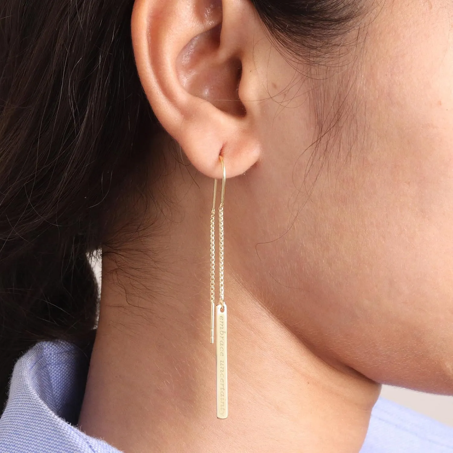 Personalized Customized Sterling Silver | 18k Yellow Gold Plated Engraved Tag Threader Drop Dangle Earrings for Women Teen