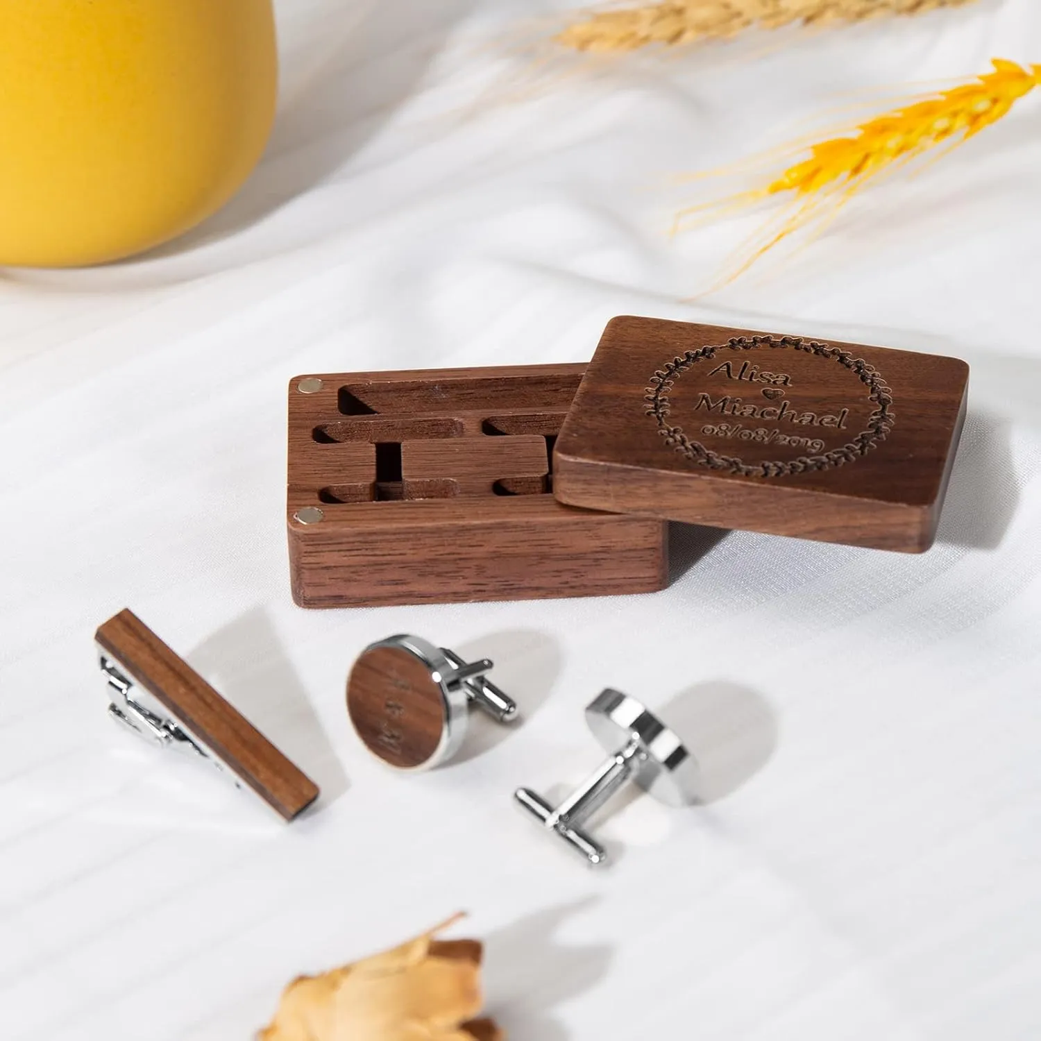 Personalized Groomsmen Gifts for Wedding Custom Name & Initial Wooden Cufflinks for Men Cufflinks with Cufflink Wood Box Engraved 26 Alphabet Letter Cufflinks for Father Groom Suit