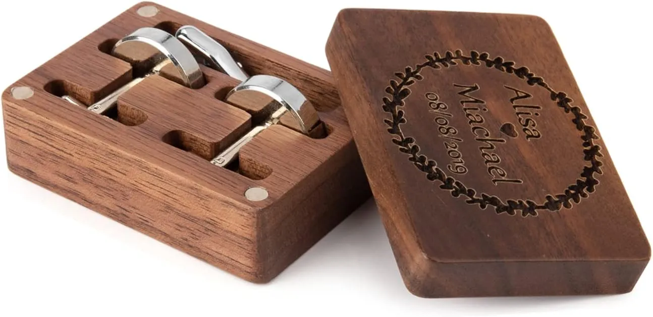 Personalized Groomsmen Gifts for Wedding Custom Name & Initial Wooden Cufflinks for Men Cufflinks with Cufflink Wood Box Engraved 26 Alphabet Letter Cufflinks for Father Groom Suit